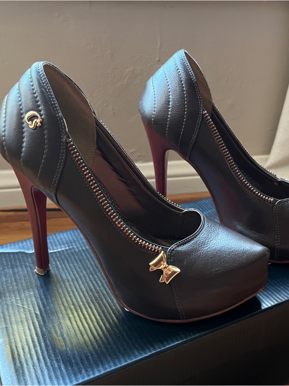 Carmen Steffens Leather Coffee High Heel Pumps with Gold Bow and Zipper Accent